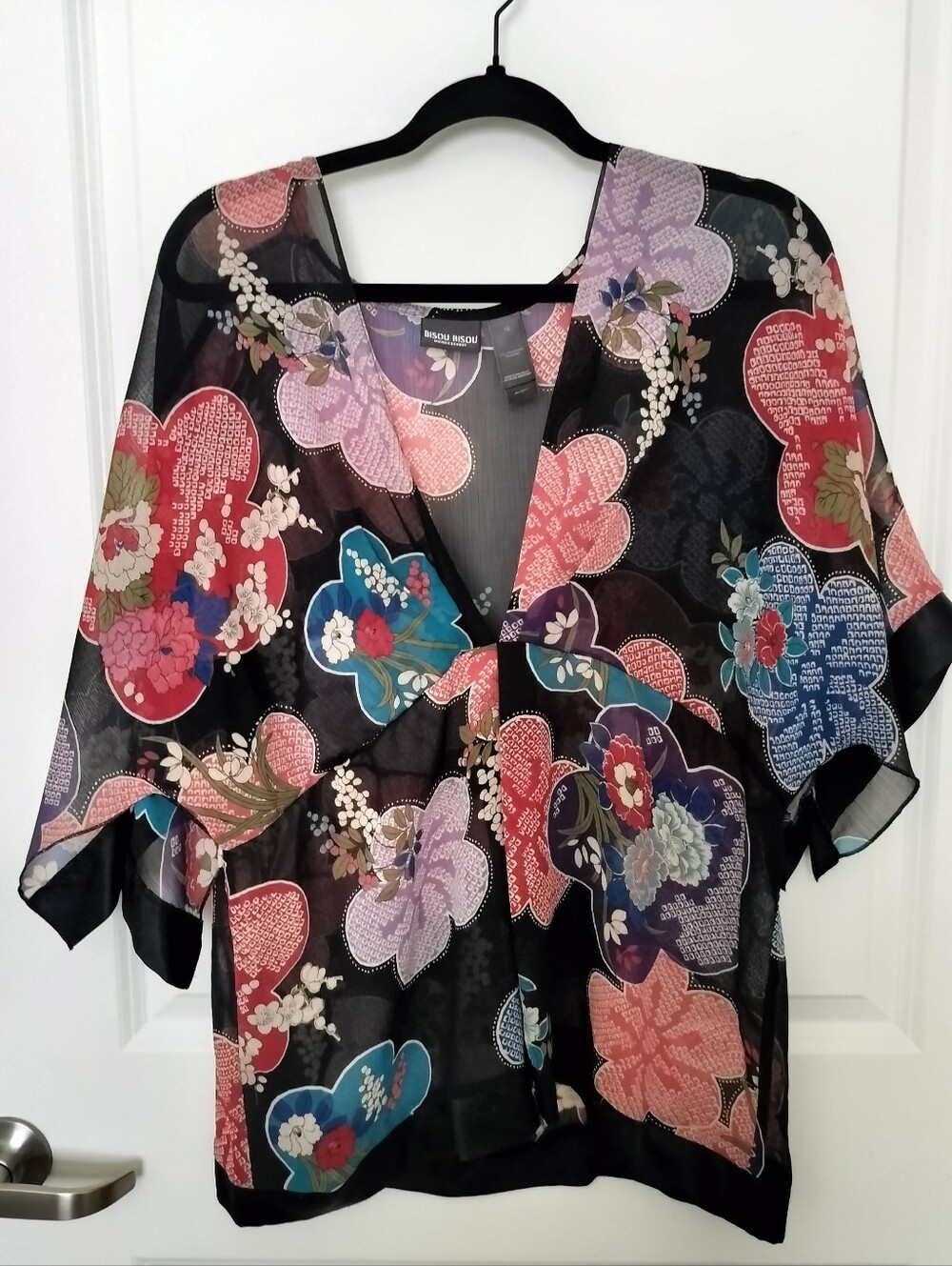 Bisou Bisou Michele Bohbot Women's 12 Y2K Sheer Floral Plunge Kimono Top Blouse